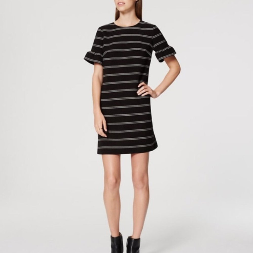LOFT Striped Ruffle Bell Cuff Shift Mini Dress